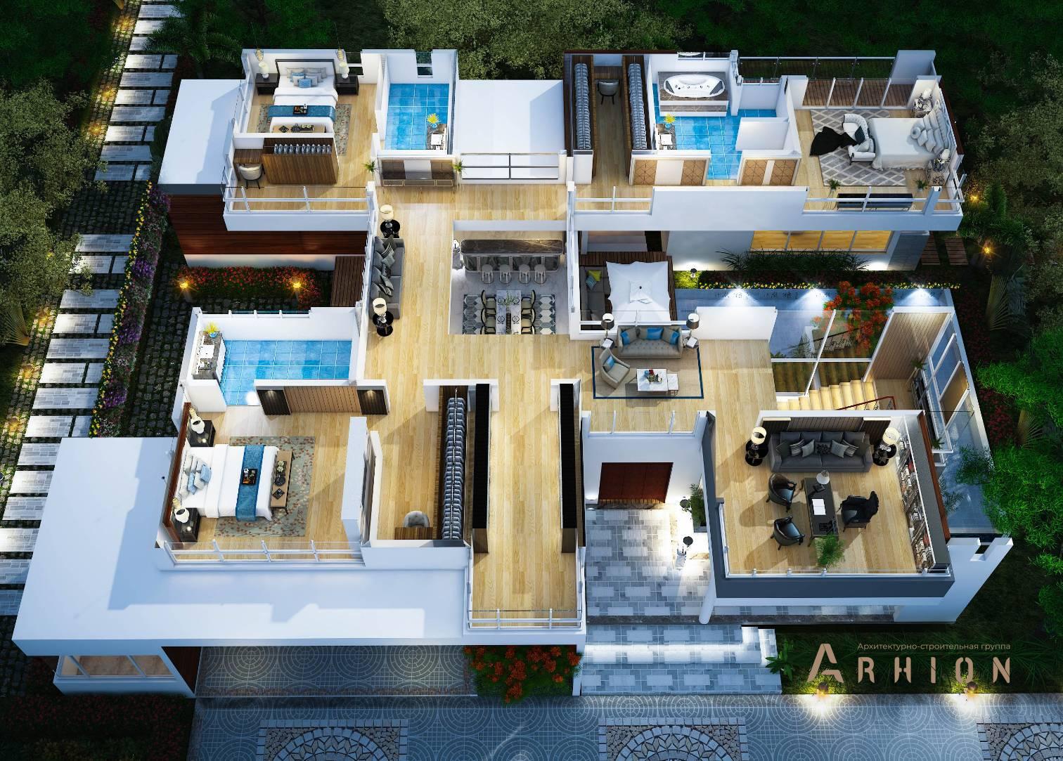 3. Проект двухэтажного дома в стиле хай-тек с плоской кровлей , v-735, площадью - 583 кв c терассой, гаражом, бассейном, вторым светом