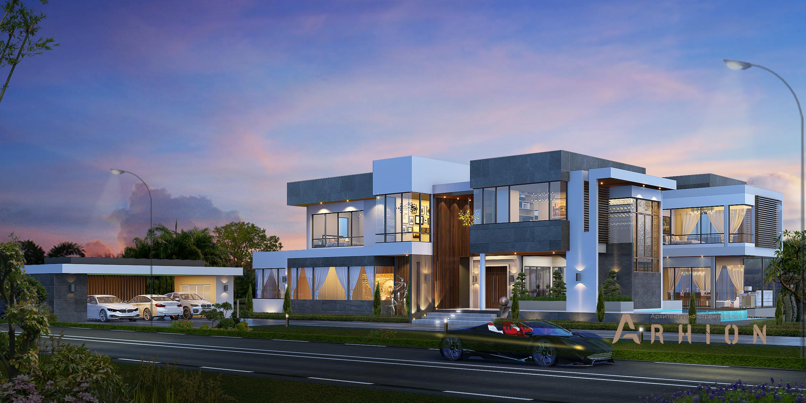 1. Проект двухэтажного дома в стиле хай-тек с плоской кровлей , v-735, площадью - 583 кв c терассой, гаражом, бассейном, вторым светом