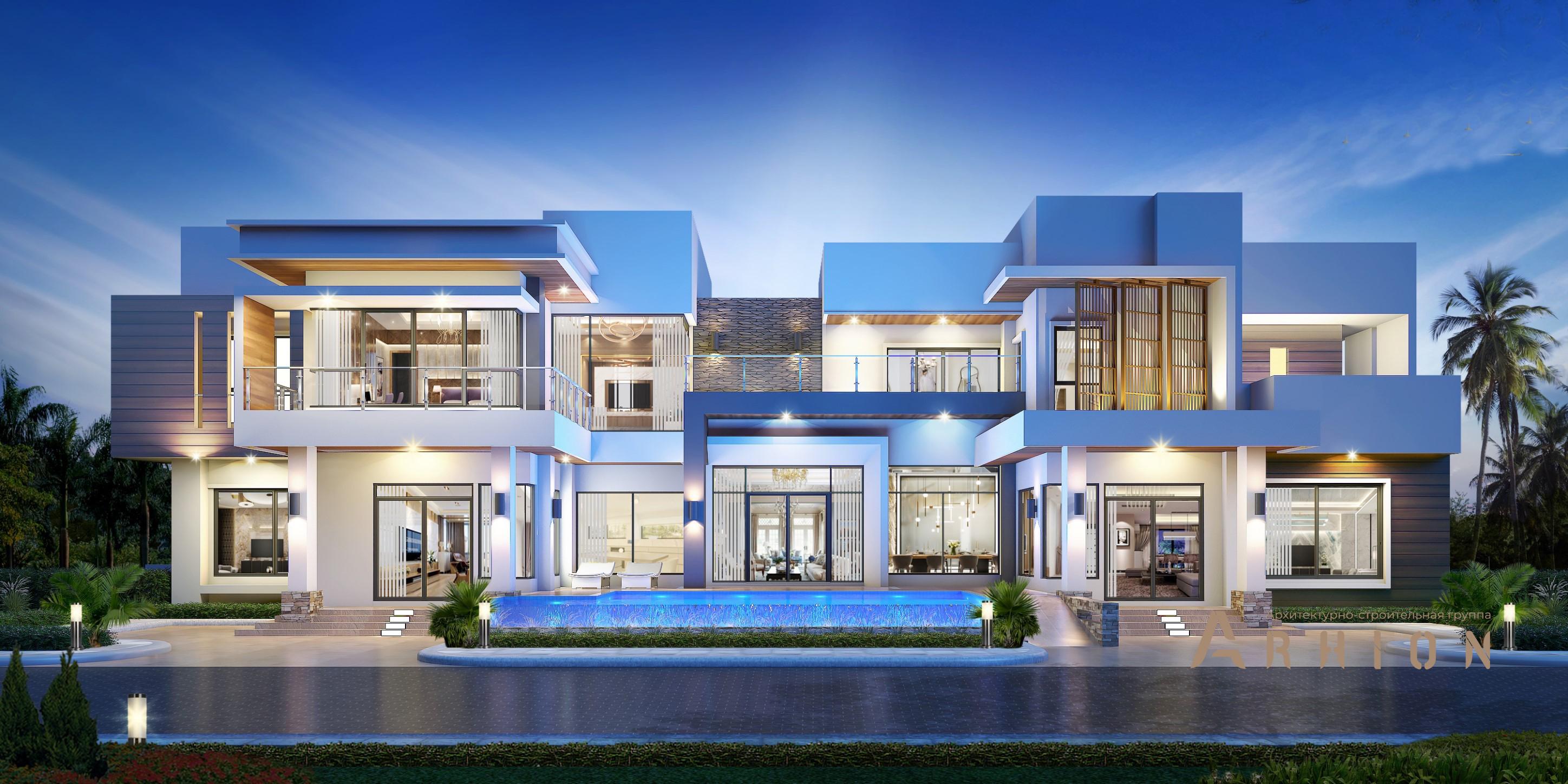 1. Проект двухэтажного дома в стиле хай-тек с плоской кровлей , v-750, площадью - 566 кв c терассой, бассейном