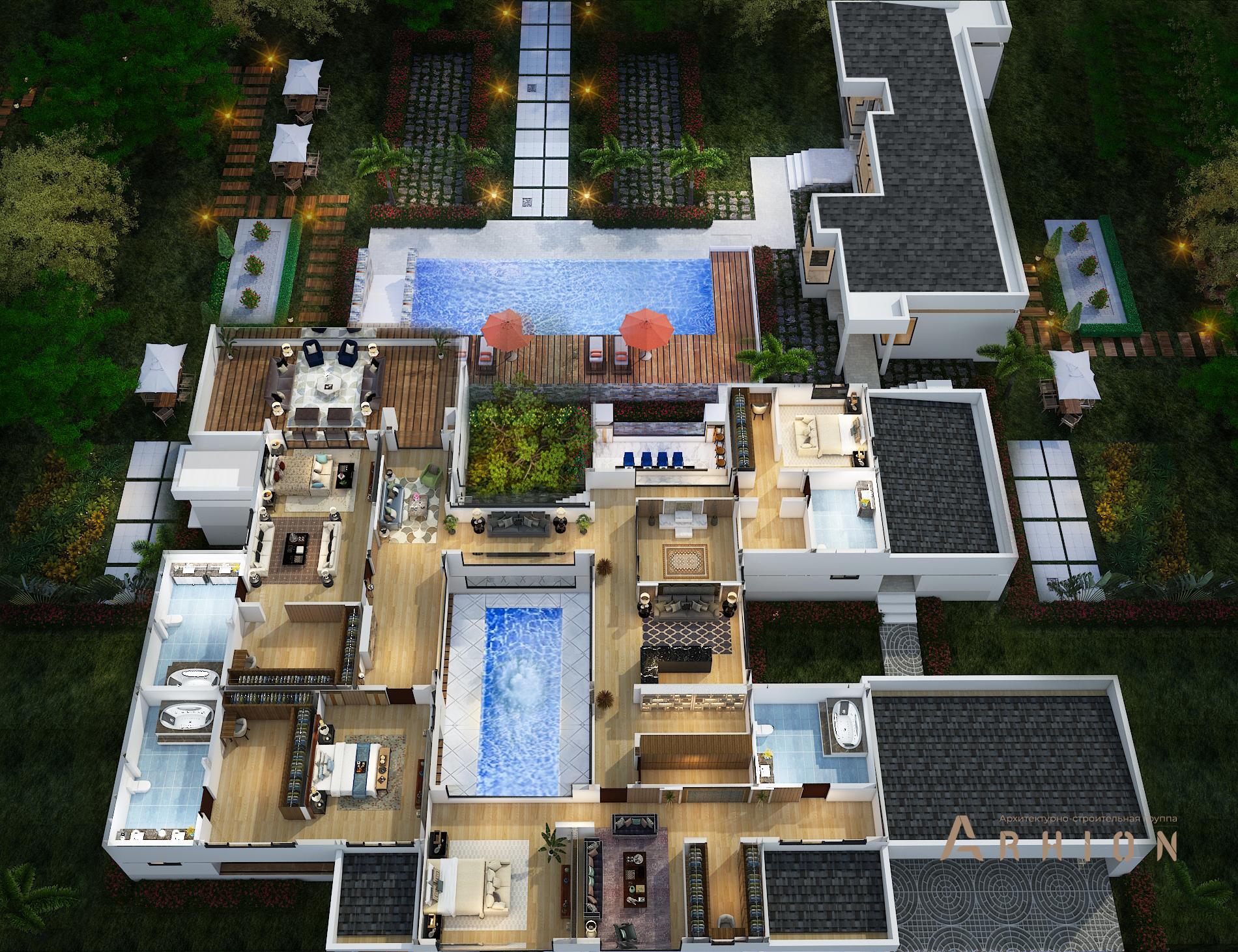 3. Проект двухэтажного дома в стиле хай-тек с плоской кровлей , v-755, площадью - 770 кв c цокольным этажом, терассой, гаражом, бассейном