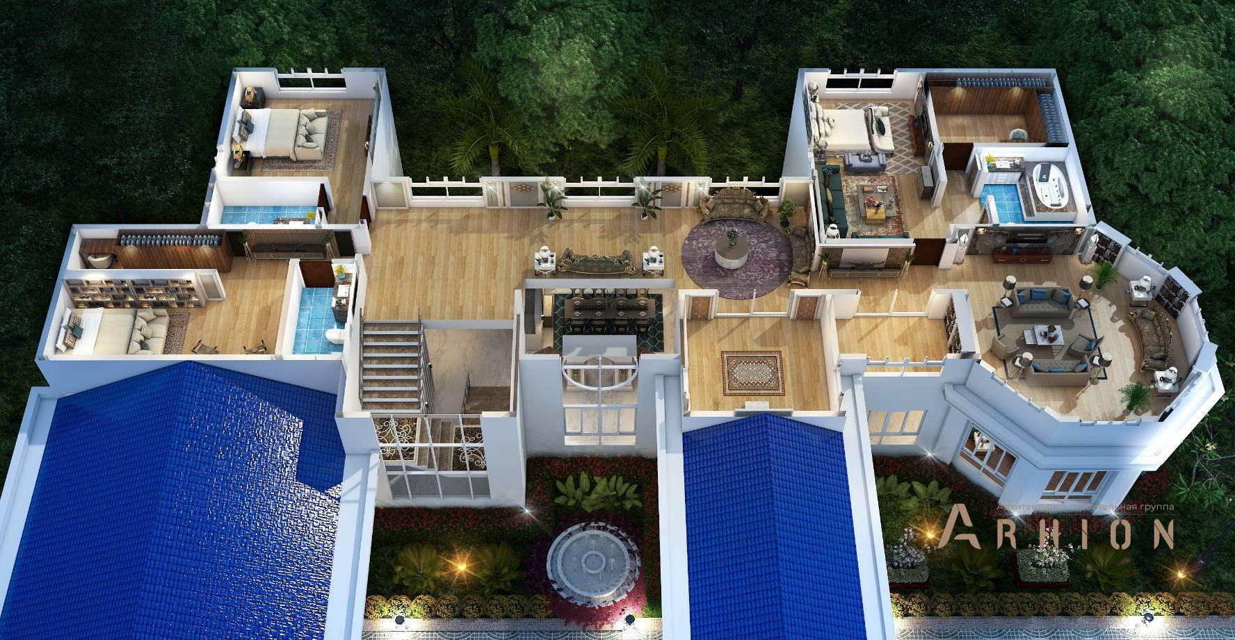 3. Проект двухэтажного дома в классическом стиле с четырехскатной, v-840, площадью - 839 кв c бассейном, эркером, вторым светом