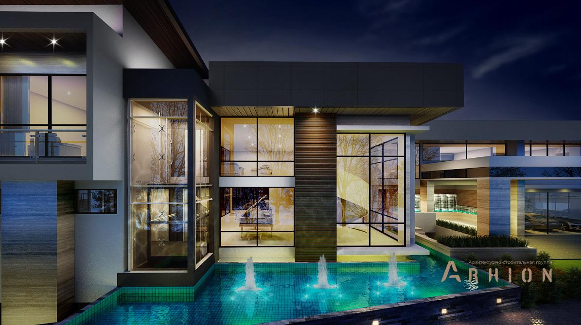 2. Проект двухэтажного дома в стиле хай-тек с плоской кровлей , v-970, площадью - 850 кв c терассой, гаражом, бассейном, вторым светом