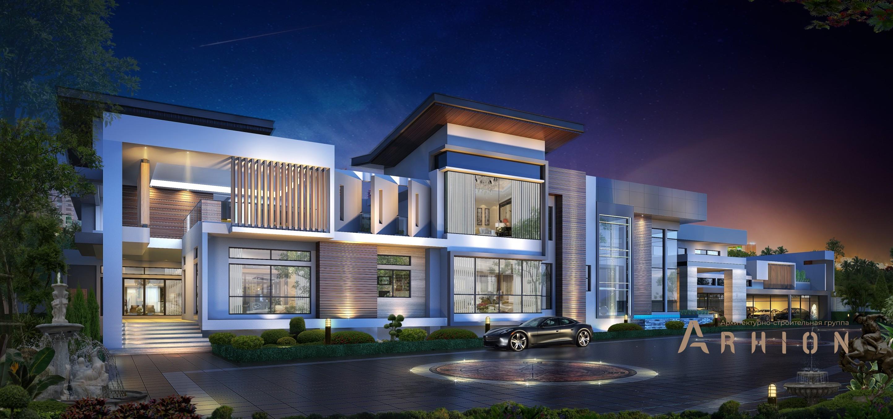 3. Проект двухэтажного дома в стиле хай-тек с плоской кровлей , v-970, площадью - 850 кв c терассой, гаражом, бассейном, вторым светом