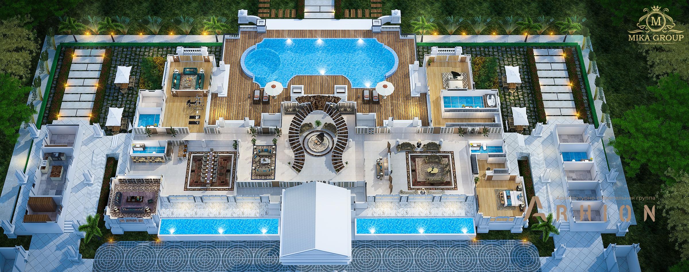 2. Проект двухэтажного дома в классическом стиле с многоскатной кровлей, v-995, площадью - 1350 кв c терассой, балконом, бассейном