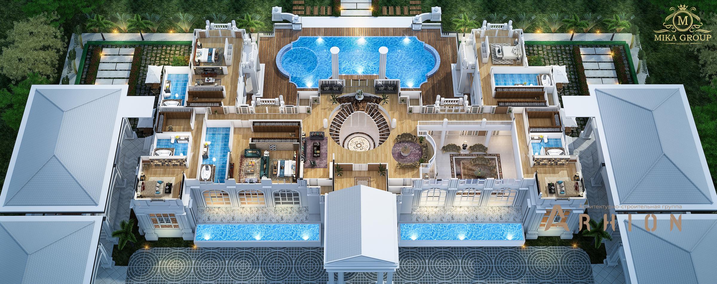 3. Проект двухэтажного дома в классическом стиле с многоскатной кровлей, v-995, площадью - 1350 кв c терассой, балконом, бассейном