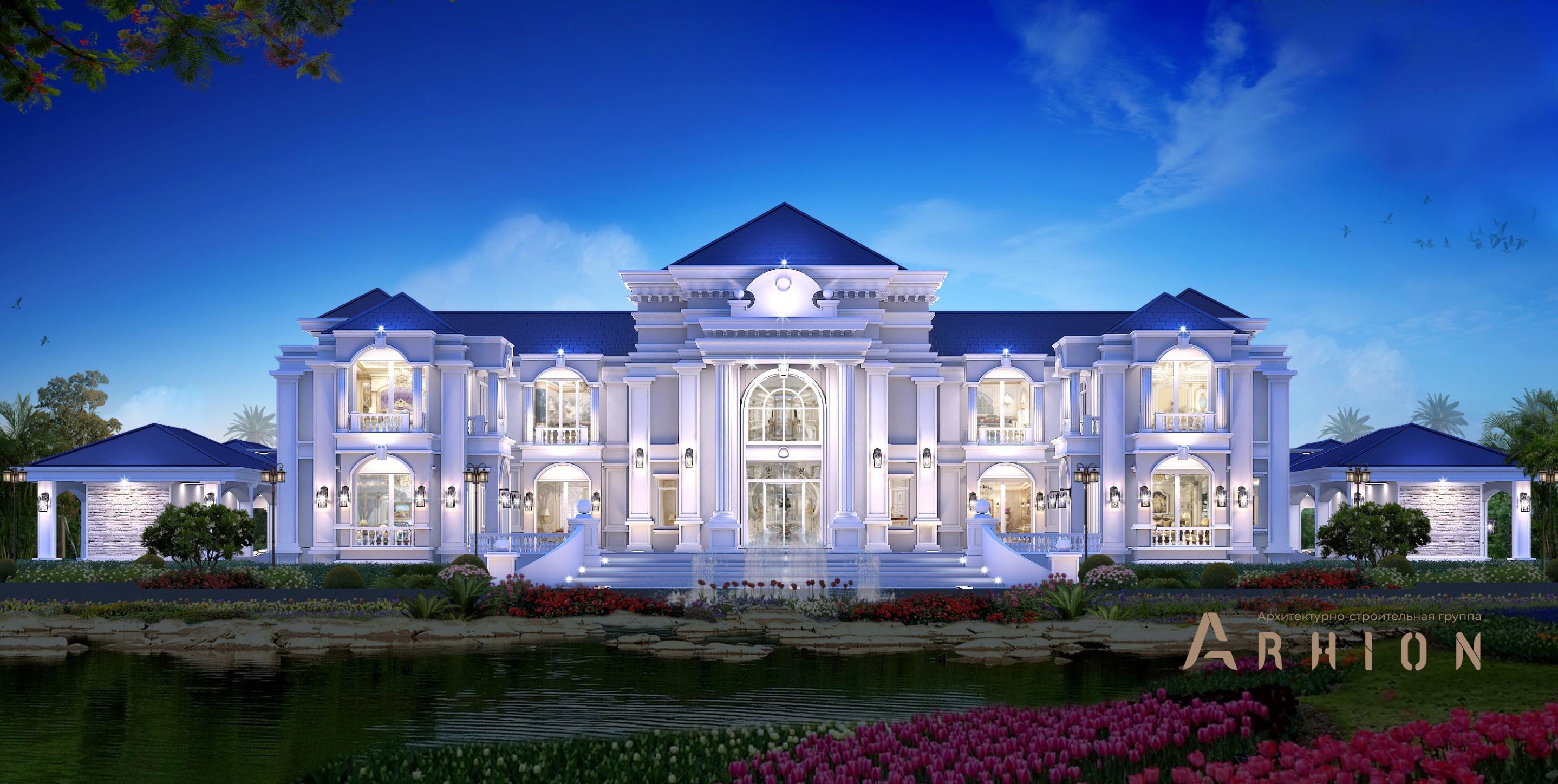 4. Проект двухэтажного дома в классическом стиле с многоскатной кровлей, v-995, площадью - 1350 кв c терассой, балконом, бассейном