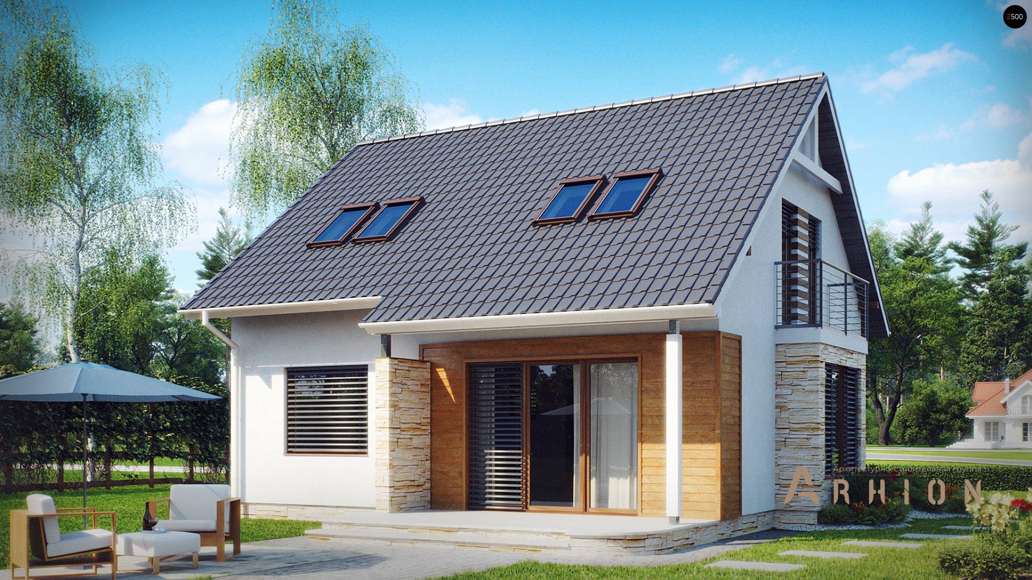 1. Проект одноэтажного дома в европейском стиле с двускатной кровлей, Z102, площадью - 120 кв c мансардой, терассой, балконом, эркером