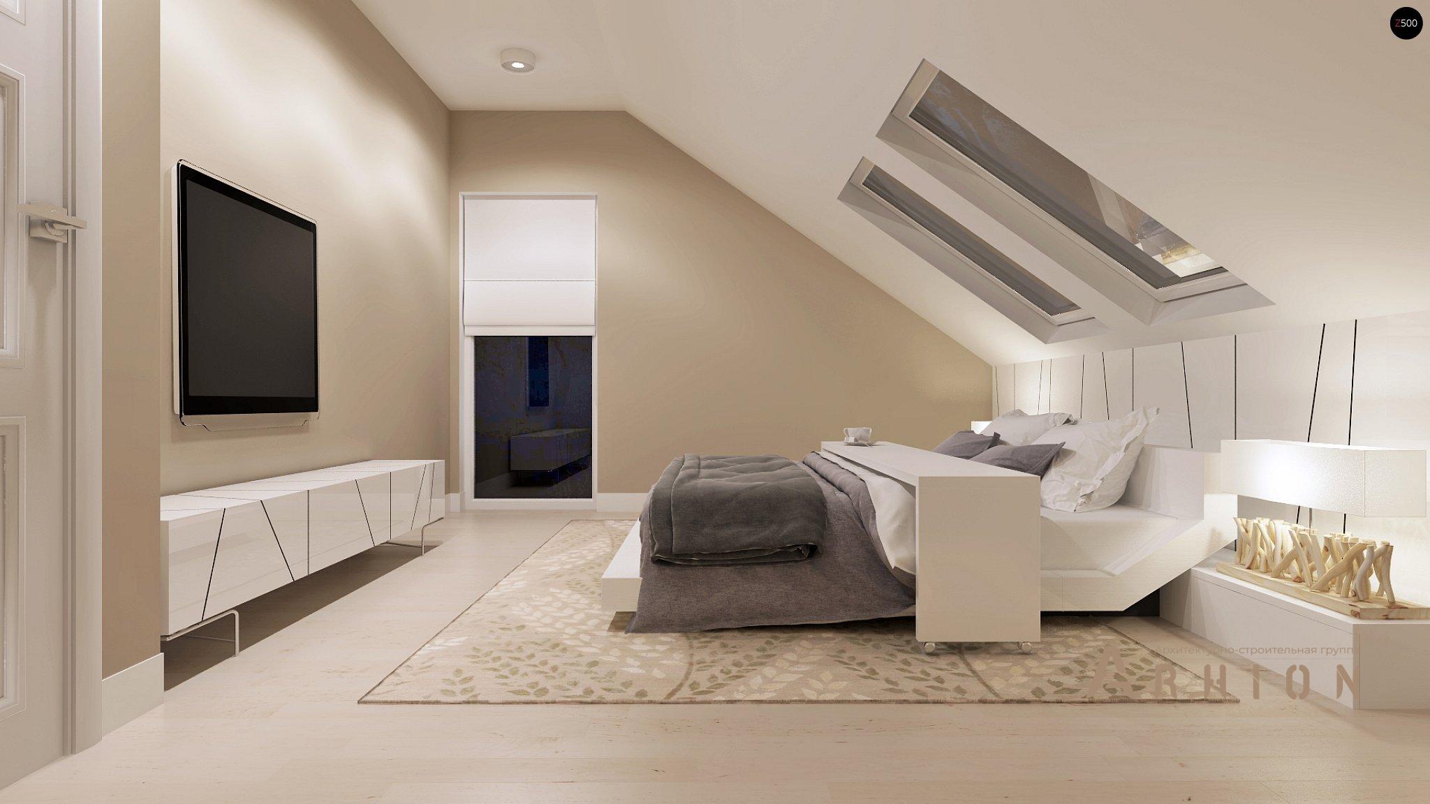 6. Проект одноэтажного дома в европейском стиле с двускатной кровлей, Z102, площадью - 120 кв c мансардой, терассой, балконом, эркером