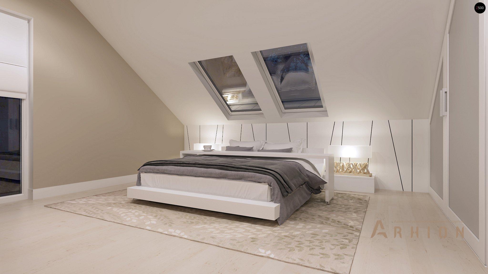 7. Проект одноэтажного дома в европейском стиле с двускатной кровлей, Z102, площадью - 120 кв c мансардой, терассой, балконом, эркером