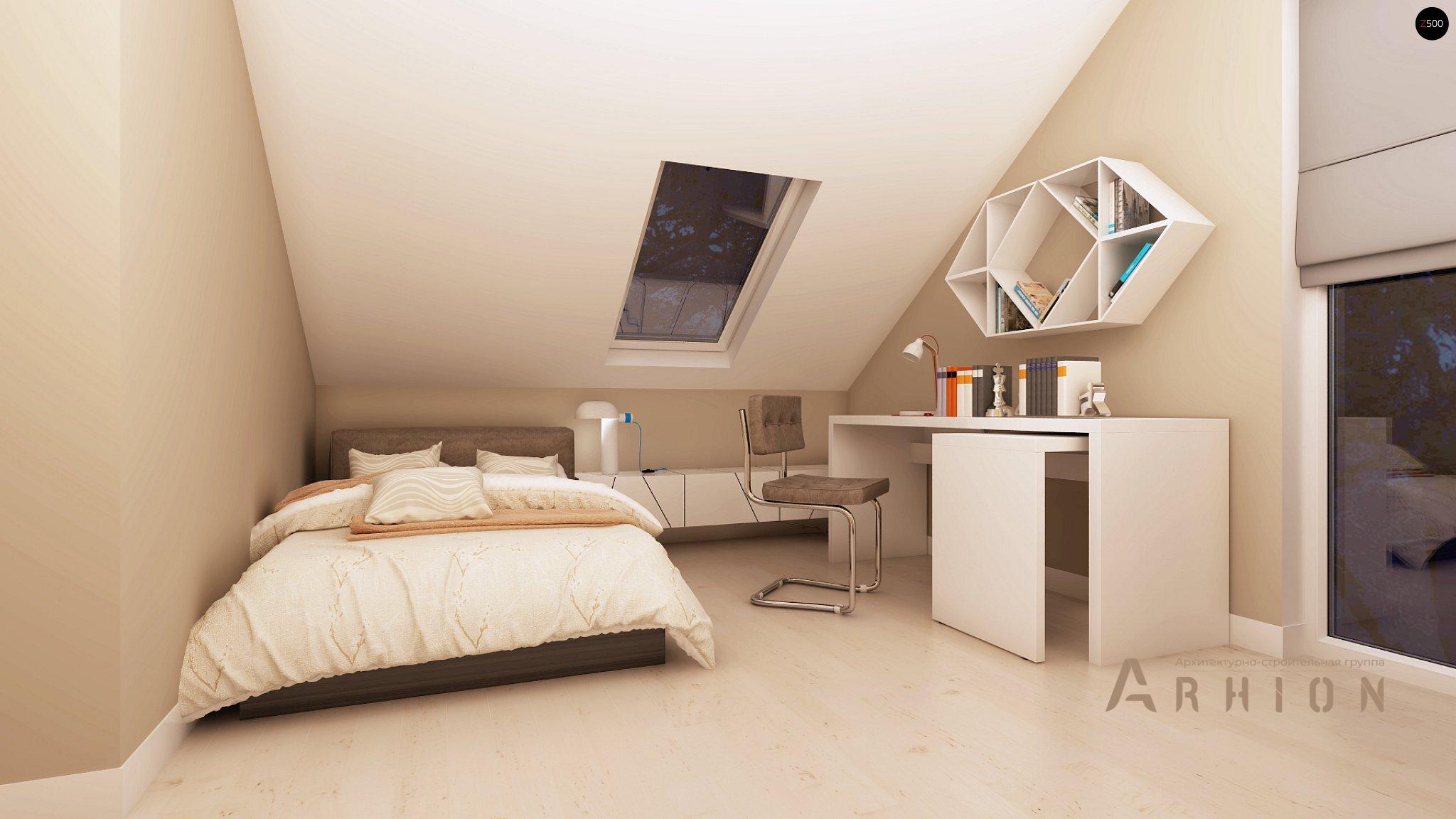 10. Проект одноэтажного дома в европейском стиле с двускатной кровлей, Z102, площадью - 120 кв c мансардой, терассой, балконом, эркером