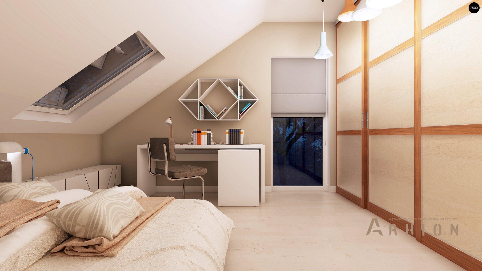 11. Проект одноэтажного дома в европейском стиле с двускатной кровлей, Z102, площадью - 120 кв c мансардой, терассой, балконом, эркером