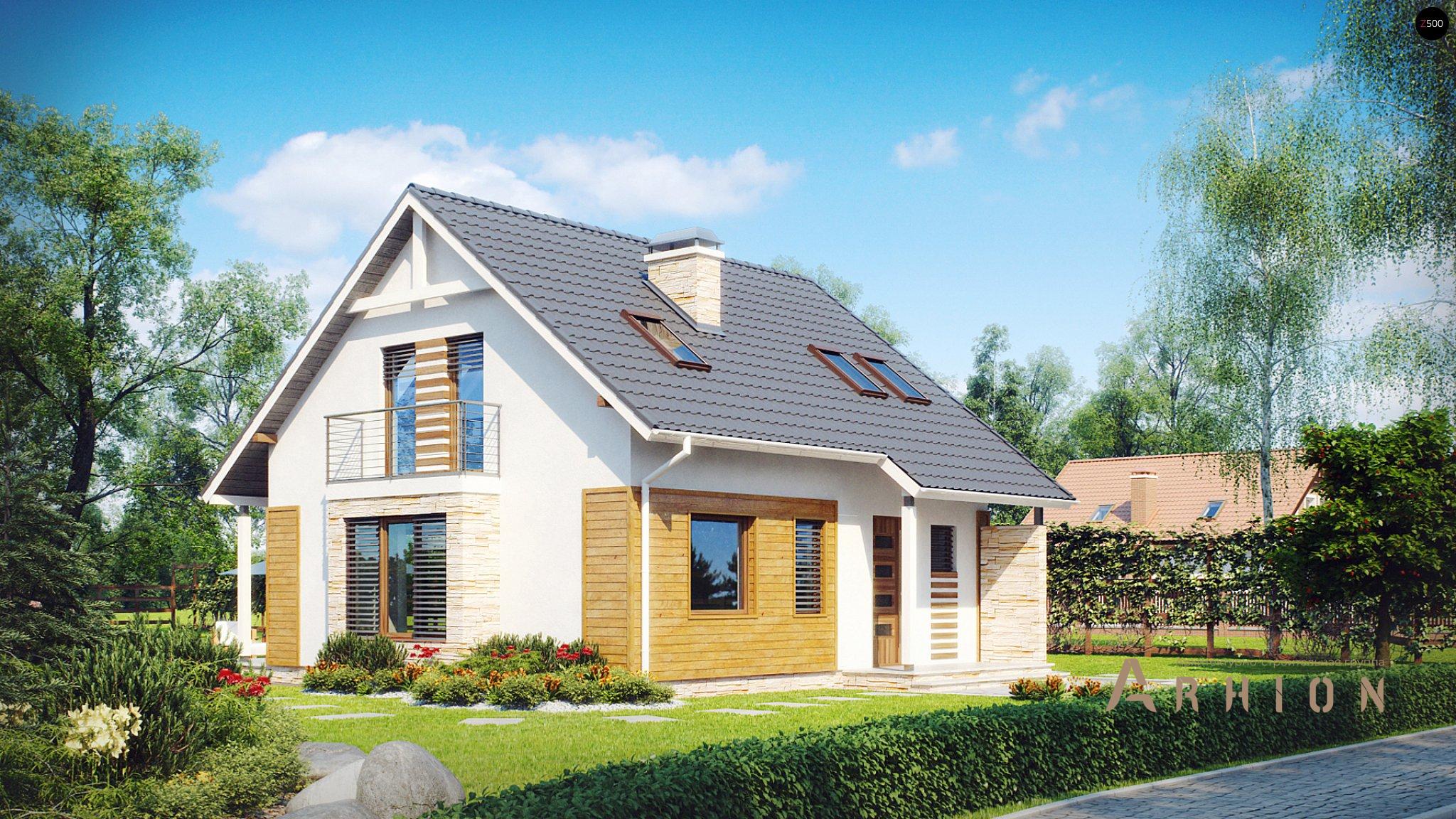 13. Проект одноэтажного дома в европейском стиле с двускатной кровлей, Z102, площадью - 120 кв c мансардой, терассой, балконом, эркером