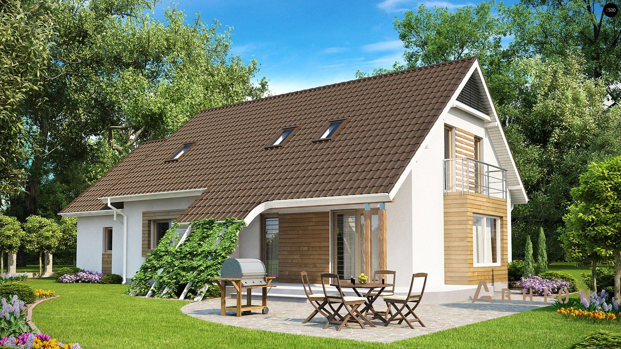 1. Проект одноэтажного дома в современном стиле с двускатной кровлей, Z103, площадью - 218 кв c мансардой, терассой, балконом, гаражом, эркером