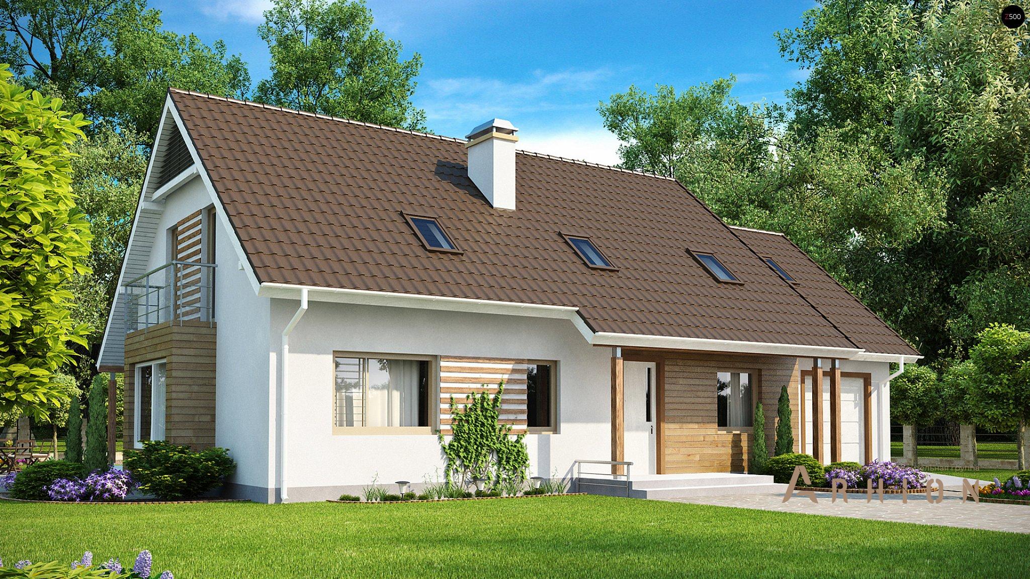 2. Проект одноэтажного дома в современном стиле с двускатной кровлей, Z103, площадью - 218 кв c мансардой, терассой, балконом, гаражом, эркером