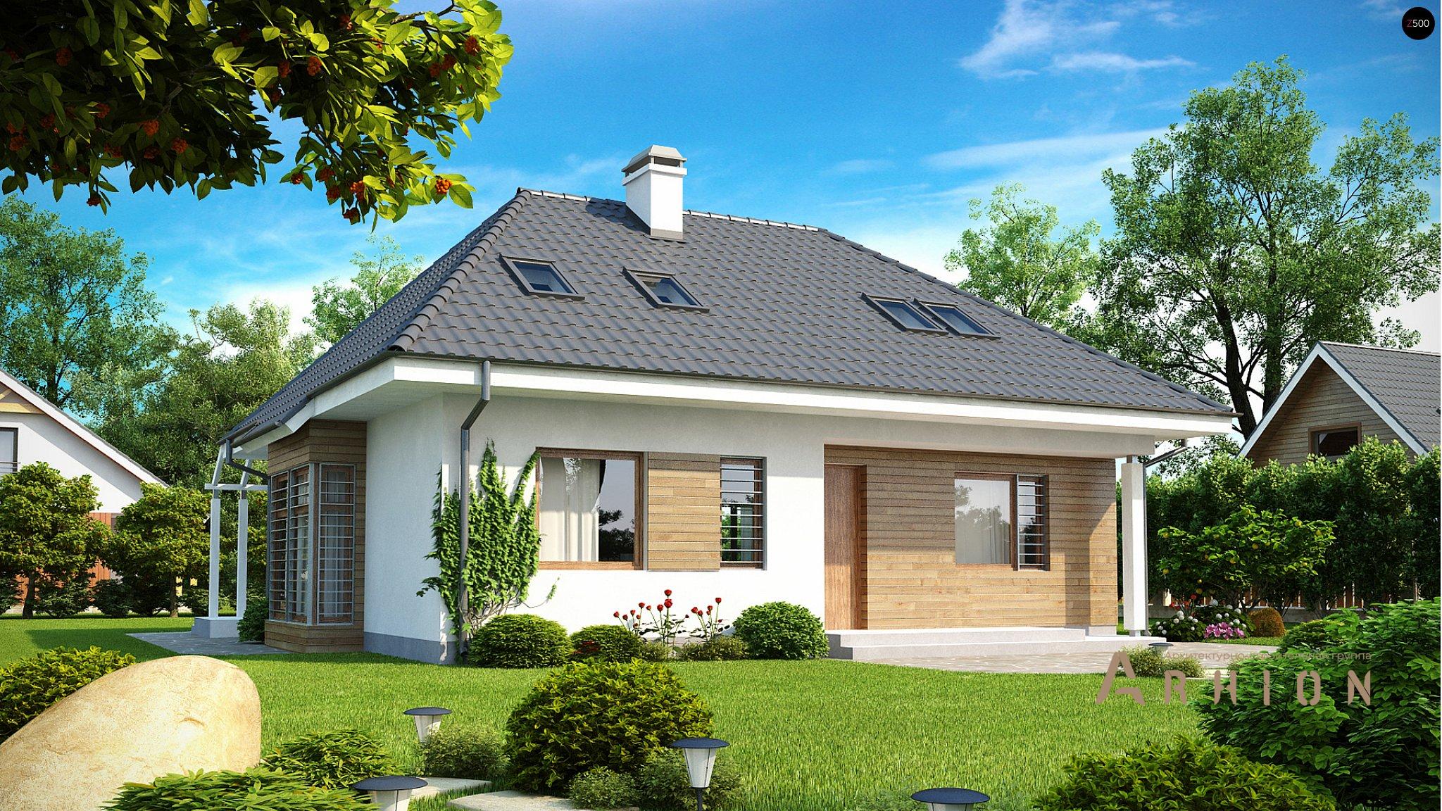 1. Проект одноэтажного дома в современном стиле с четырехскатной, Z104, площадью - 145 кв c мансардой, терассой, эркером