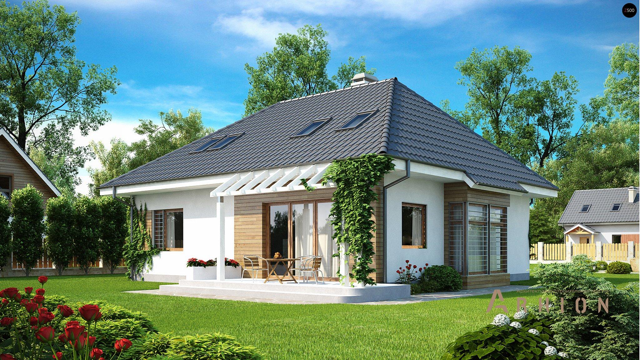 2. Проект одноэтажного дома в современном стиле с четырехскатной, Z104, площадью - 145 кв c мансардой, терассой, эркером