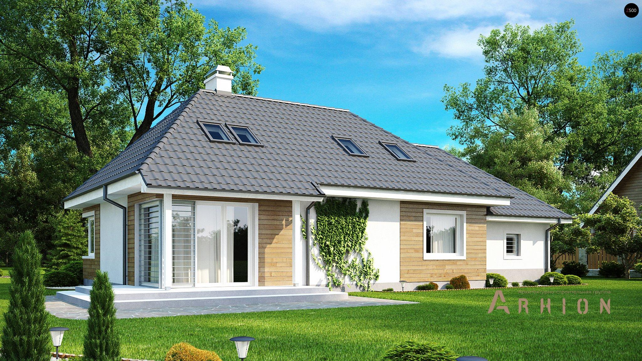 1. Проект одноэтажного дома в современном стиле с четырехскатной, Z105, площадью - 198 кв c мансардой, терассой, гаражом