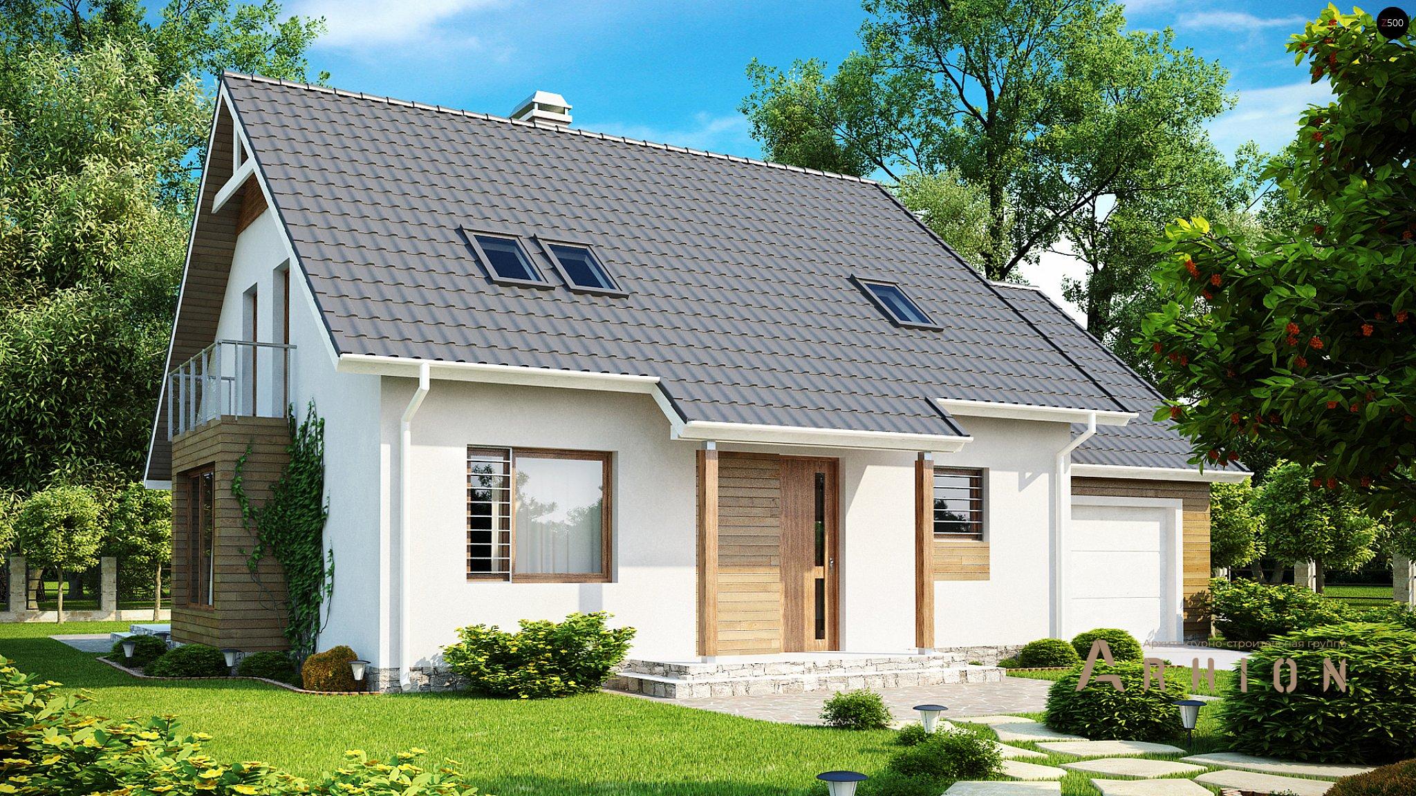 1. Проект одноэтажного дома в современном стиле с двускатной кровлей, Z108, площадью - 187 кв c мансардой, терассой, балконом, гаражом, эркером