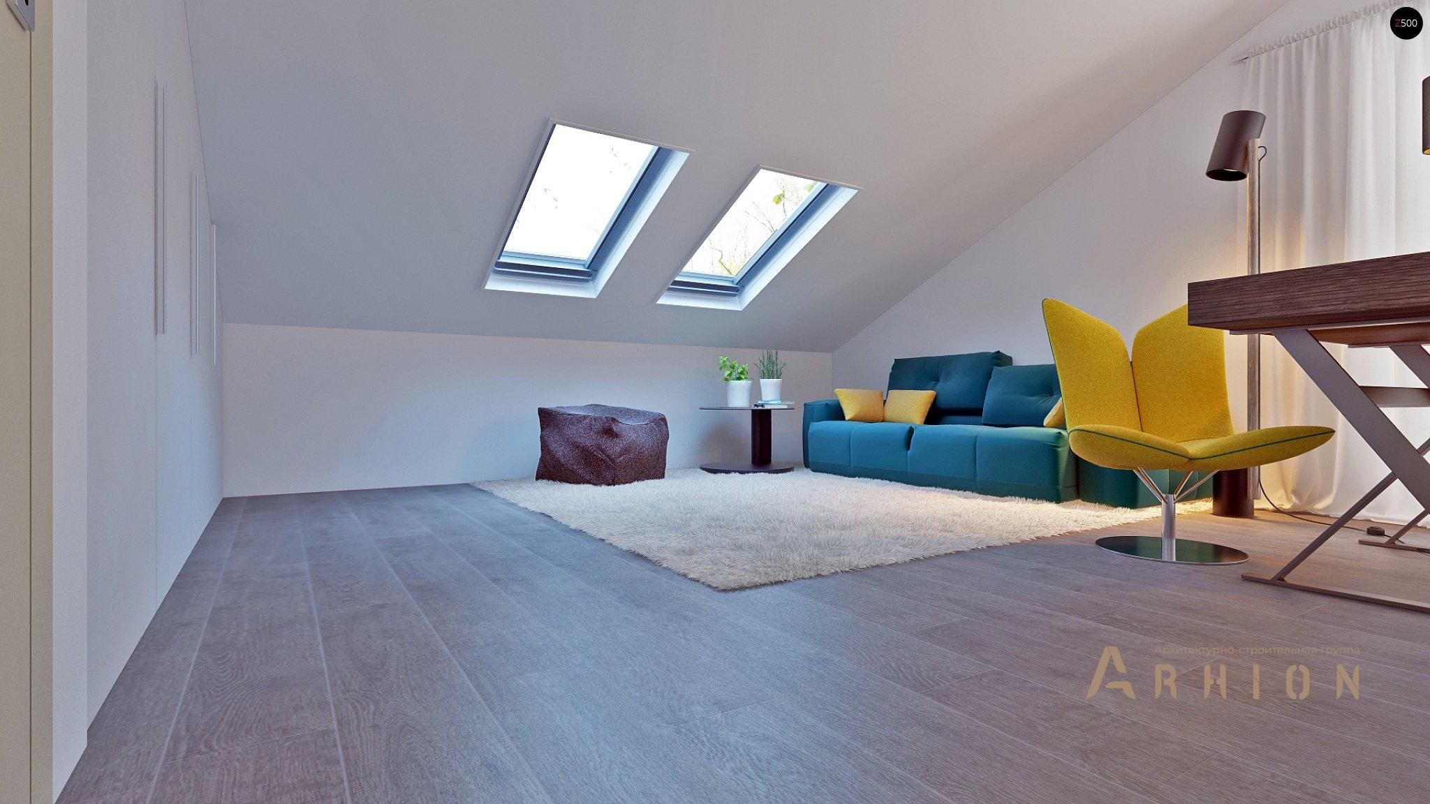 11. Проект одноэтажного дома в современном стиле с двускатной кровлей, Z108, площадью - 187 кв c мансардой, терассой, балконом, гаражом, эркером