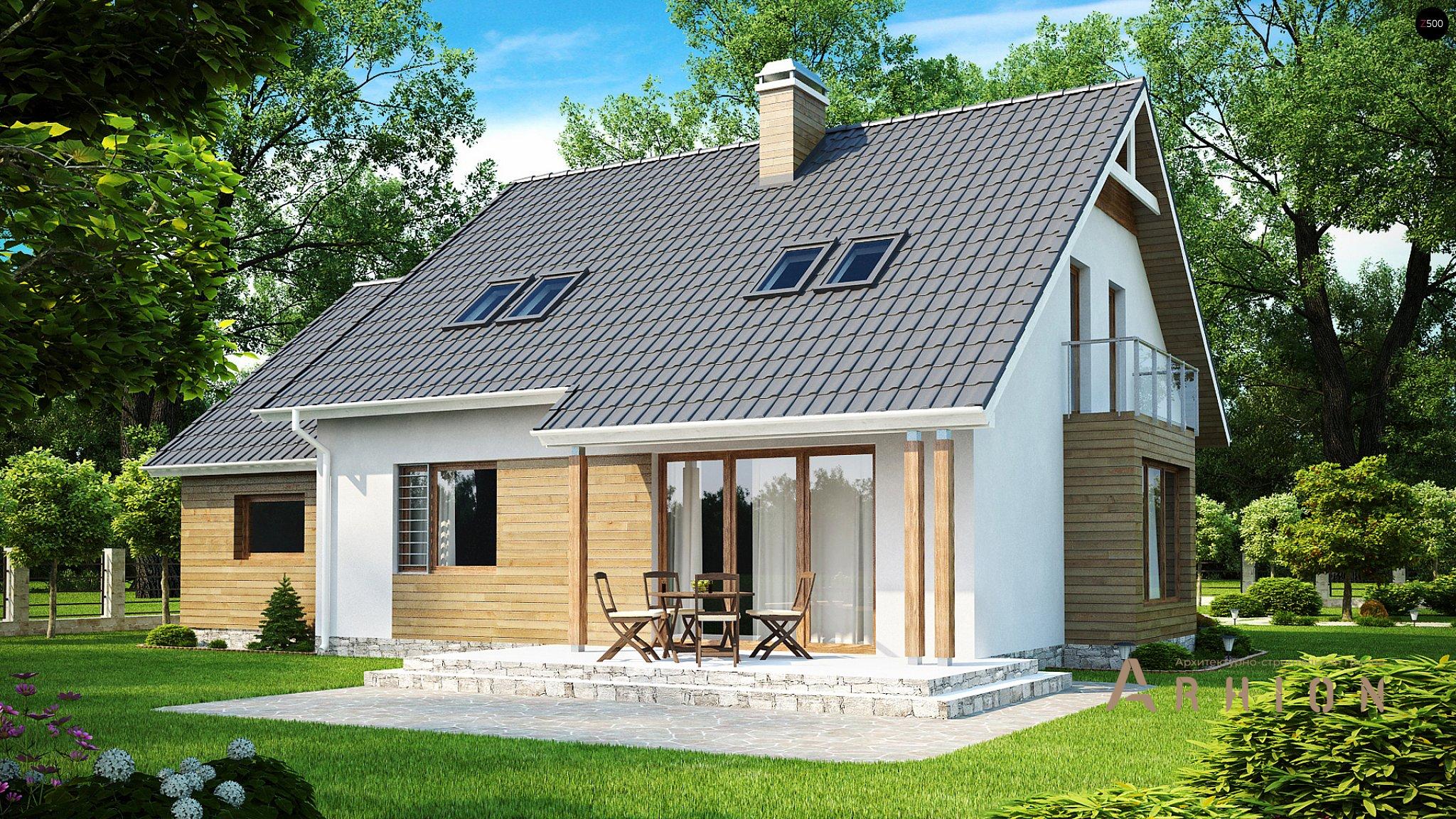 12. Проект одноэтажного дома в современном стиле с двускатной кровлей, Z108, площадью - 187 кв c мансардой, терассой, балконом, гаражом, эркером