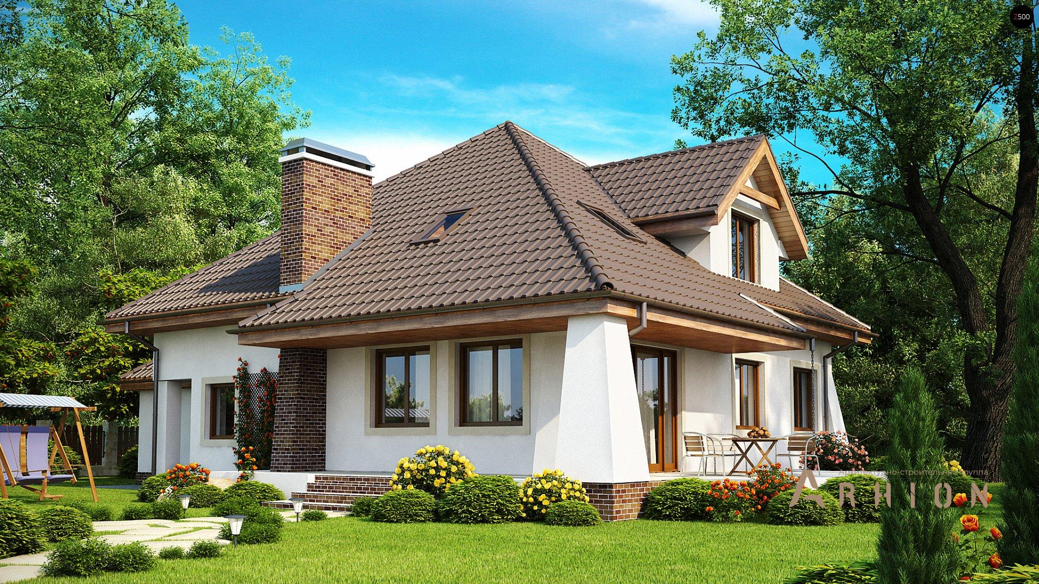 2. Проект одноэтажного дома в европейском стиле с четырехскатной, Z109, площадью - 253 кв c мансардой, терассой, балконом, гаражом