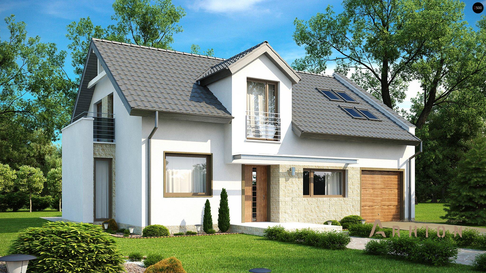 1. Проект одноэтажного дома в альпийском стиле с двускатной кровлей, Z110, площадью - 194 кв c мансардой, терассой, балконом, гаражом, эркером