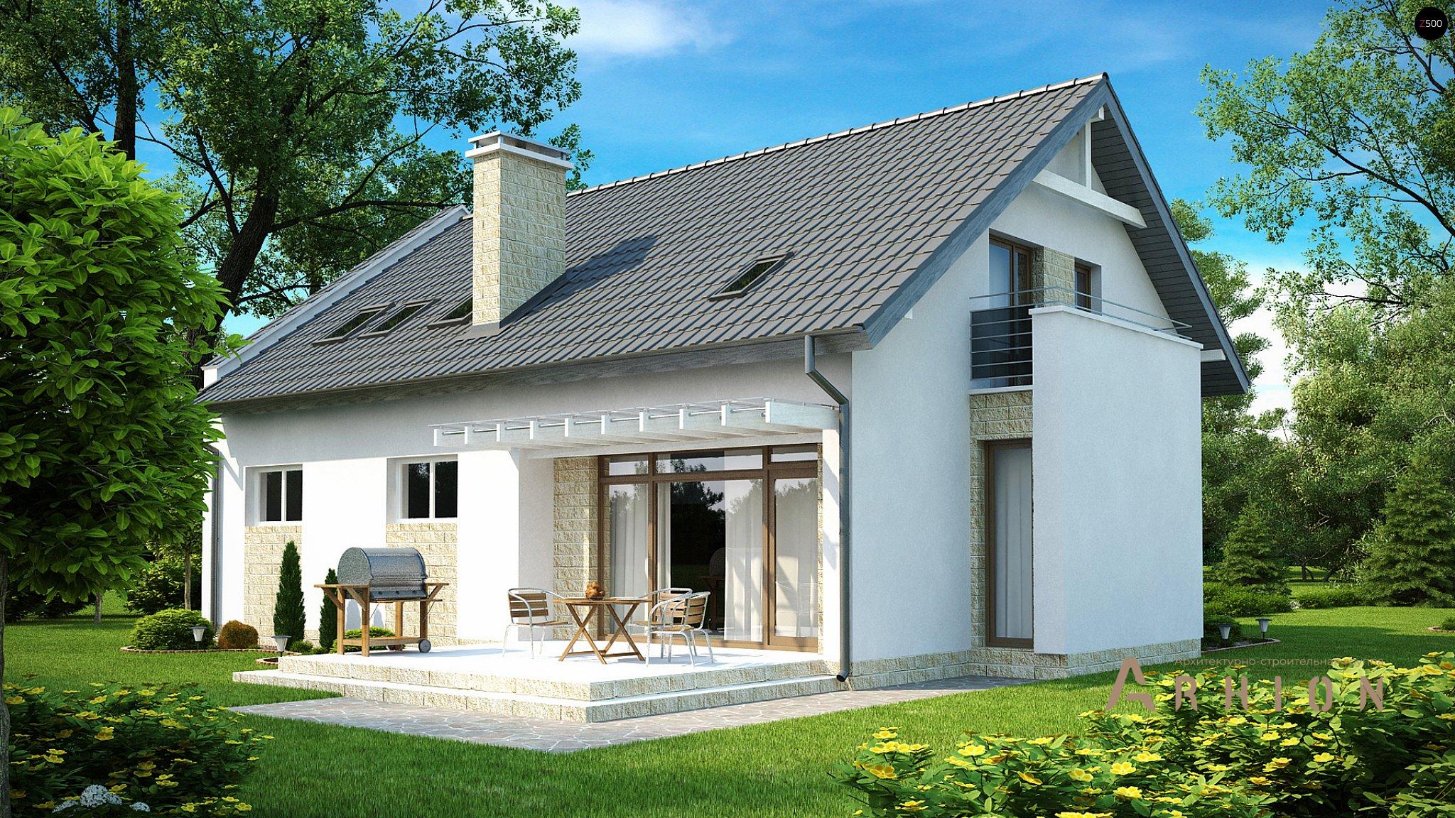 2. Проект одноэтажного дома в альпийском стиле с двускатной кровлей, Z110, площадью - 194 кв c мансардой, терассой, балконом, гаражом, эркером