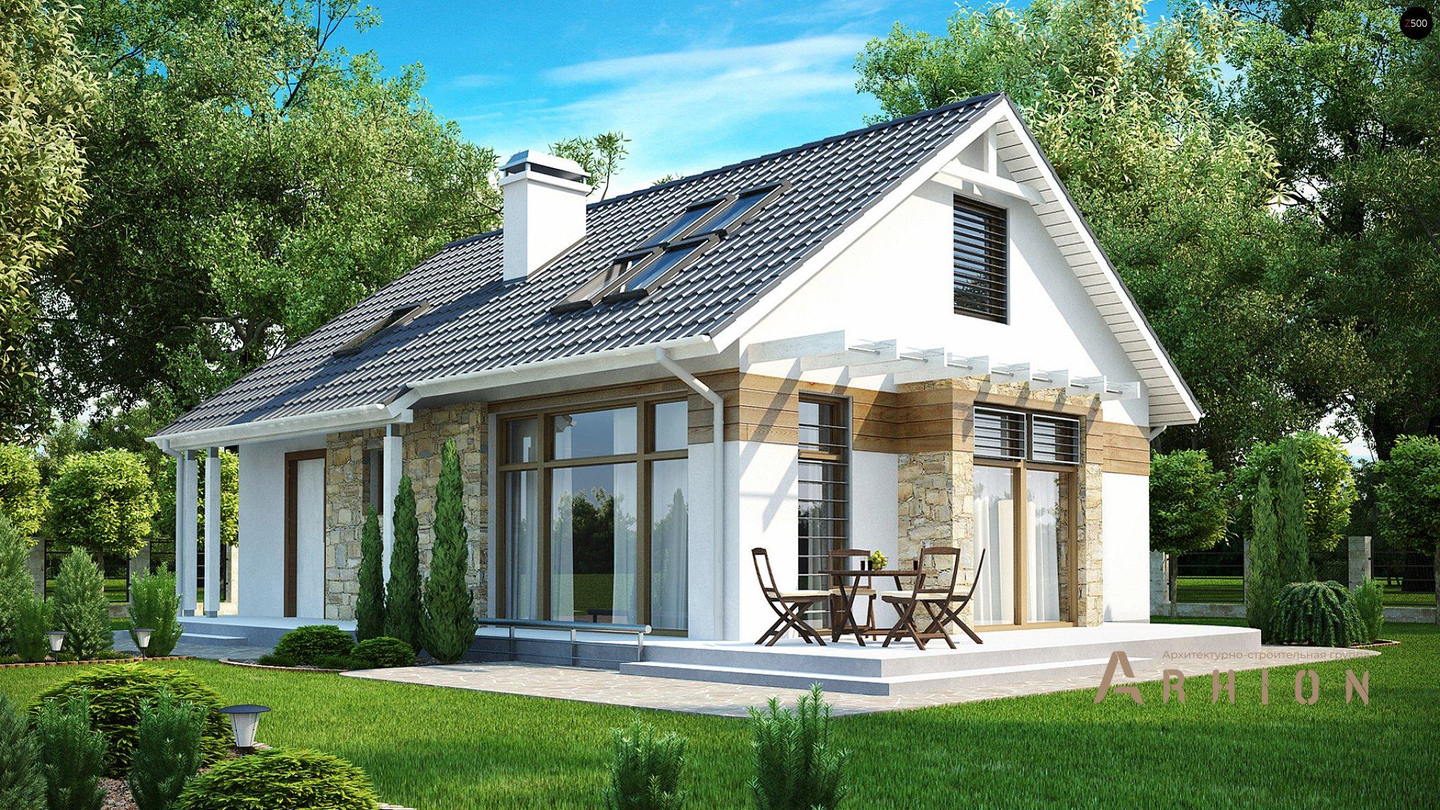 1. Проект одноэтажного дома в канадском стиле с двускатной кровлей, Z113, площадью - 147 кв c мансардой, терассой, балконом, эркером