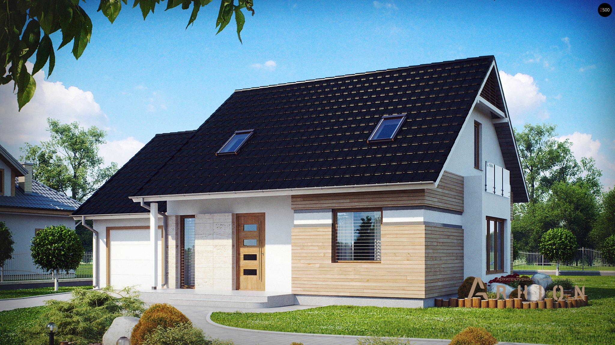 1. Проект одноэтажного дома в канадском стиле с двускатной кровлей, Z114, площадью - 150 кв c мансардой, терассой, балконом, гаражом, эркером