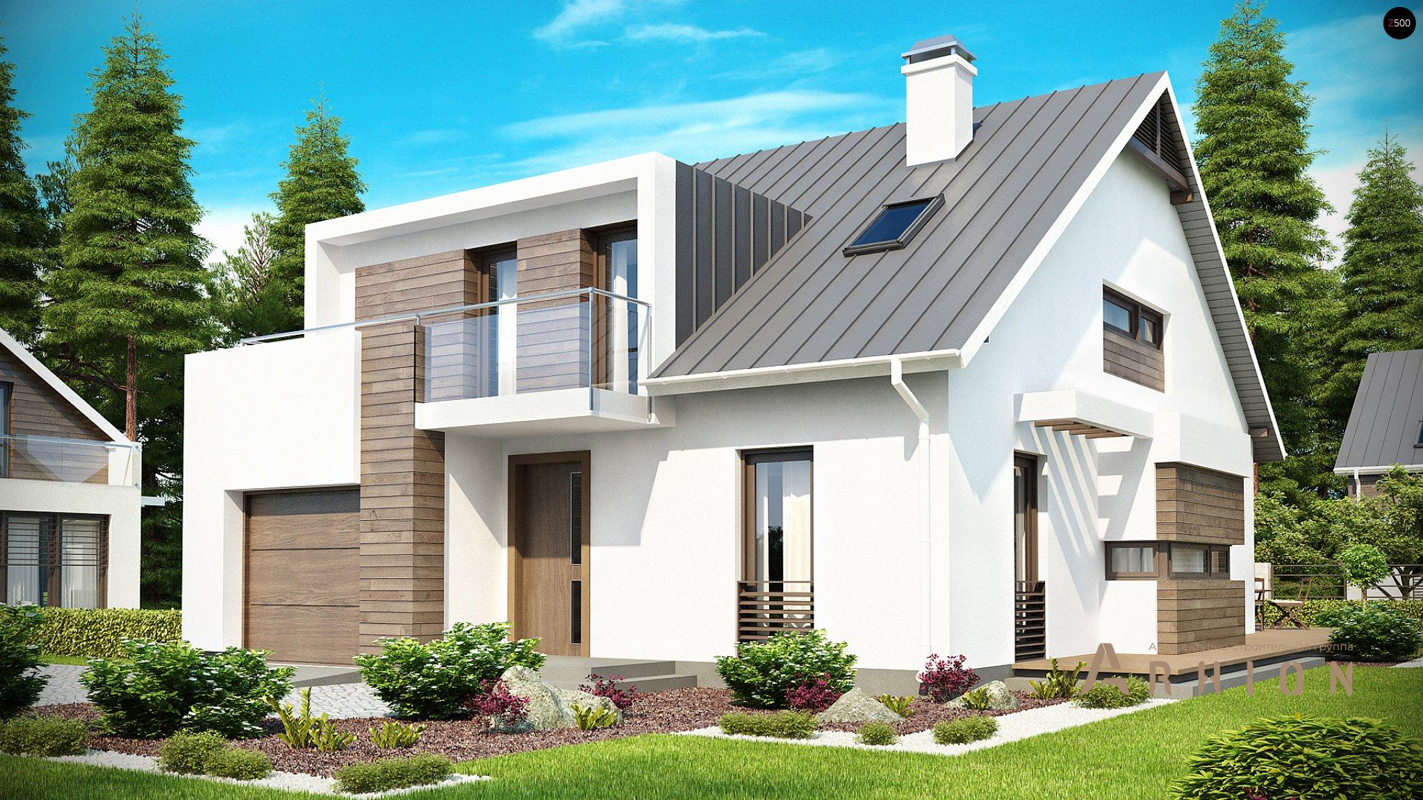 1. Проект одноэтажного дома в стиле барн с двускатной кровлей, Z116, площадью - 204 кв c мансардой, терассой, балконом, гаражом