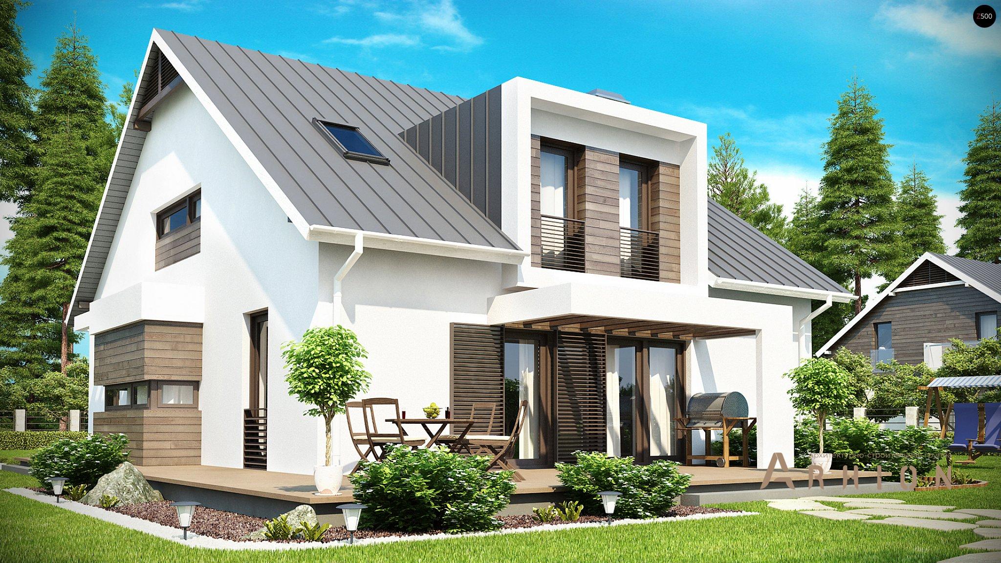 2. Проект одноэтажного дома в стиле барн с двускатной кровлей, Z116, площадью - 204 кв c мансардой, терассой, балконом, гаражом