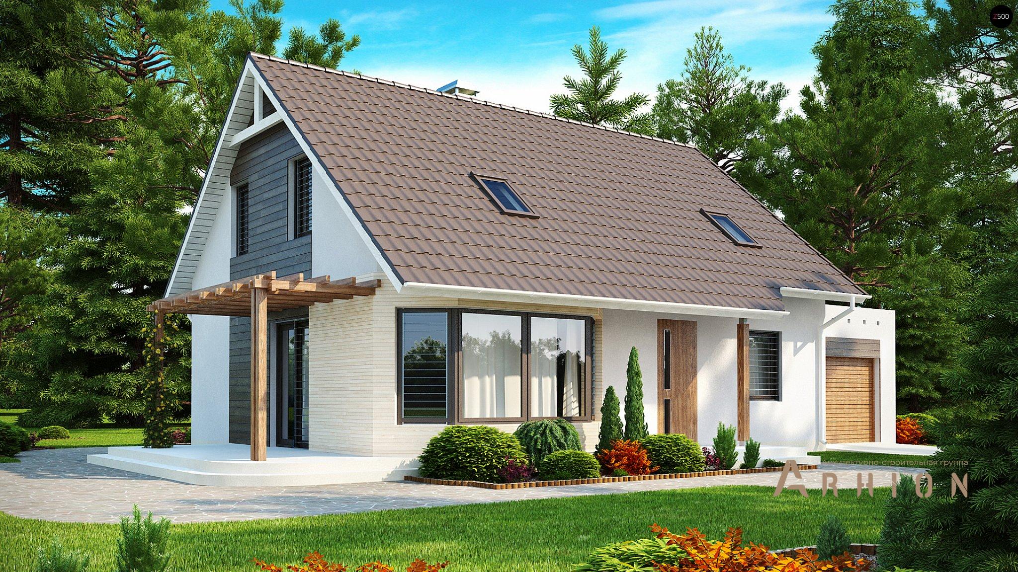 1. Проект одноэтажного дома в современном стиле с двускатной кровлей, Z117, площадью - 179 кв c мансардой, терассой, гаражом, эркером