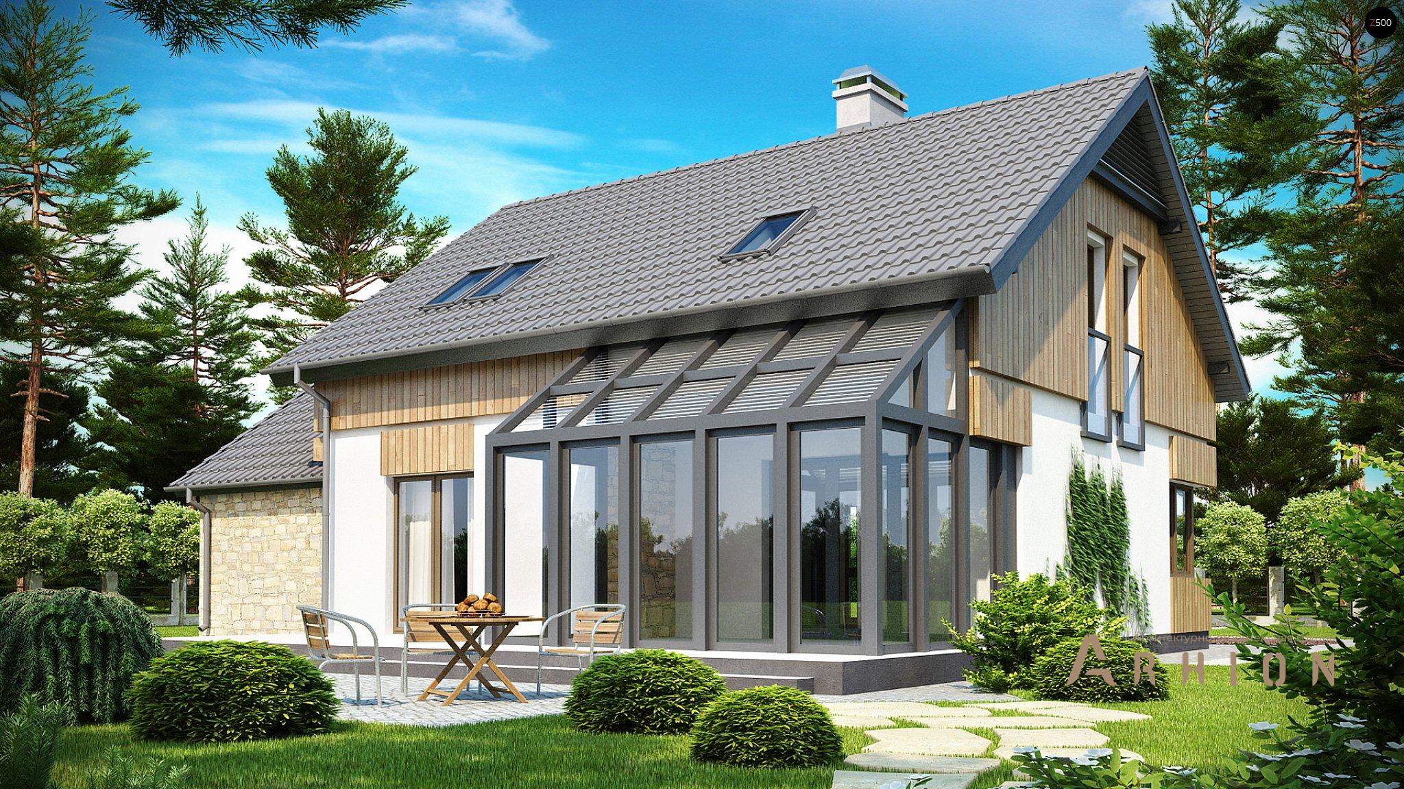 2. Проект одноэтажного дома в современном стиле с двускатной кровлей, Z118, площадью - 196 кв c мансардой, терассой, гаражом