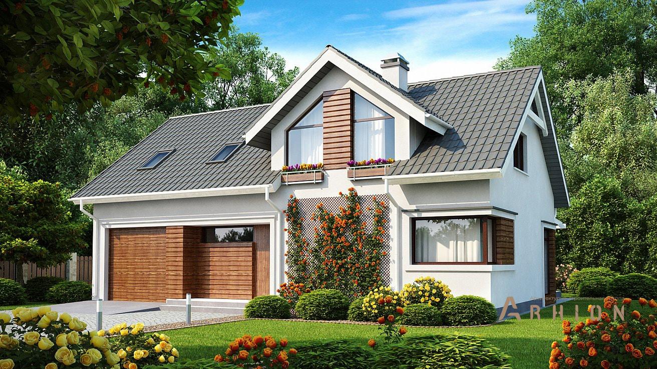 1. Проект одноэтажного дома в европейском стиле с двускатной кровлей, Z122, площадью - 152 кв c мансардой, терассой, гаражом, вторым светом