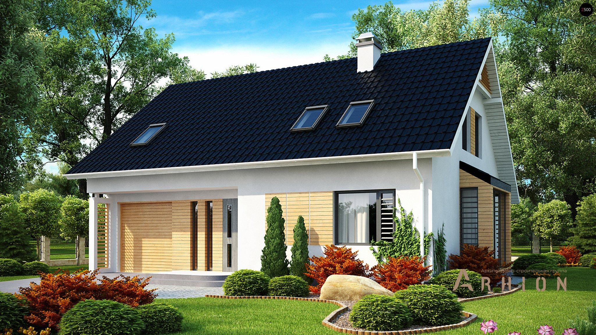 1. Проект одноэтажного дома в современном стиле с двускатной кровлей, Z124, площадью - 163 кв c мансардой, гаражом