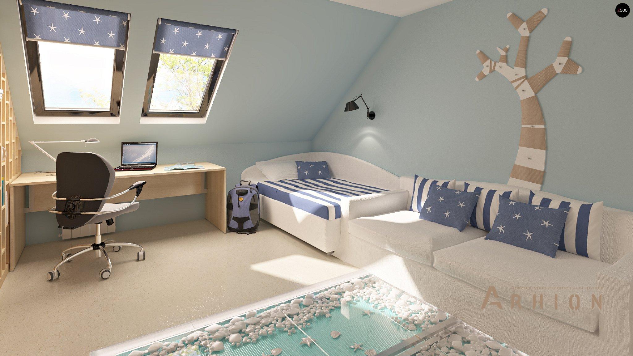 7. Проект одноэтажного дома в современном стиле с двускатной кровлей, Z124, площадью - 163 кв c мансардой, гаражом