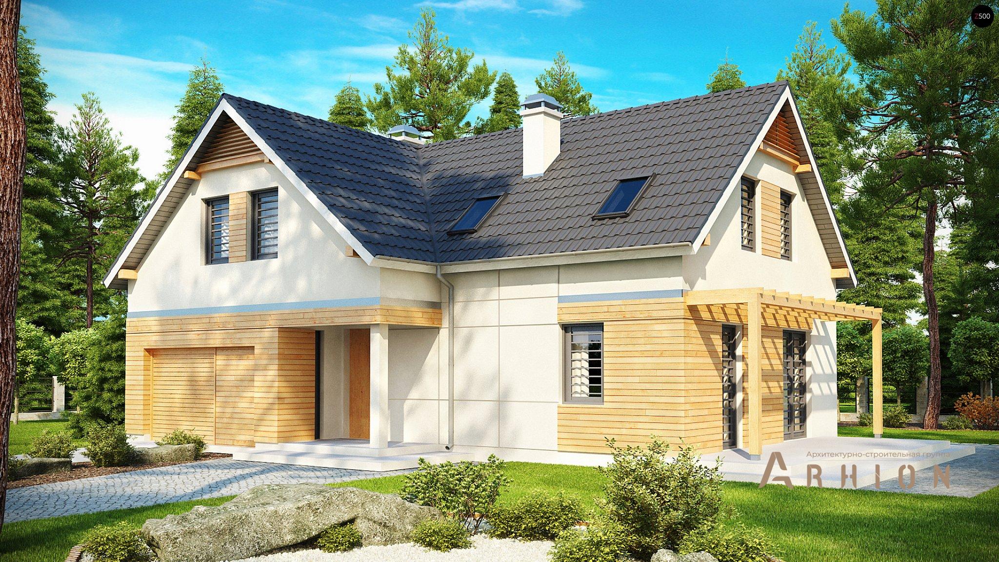 1. Проект одноэтажного дома в современном стиле с двускатной кровлей, Z125, площадью - 192 кв c мансардой, терассой, гаражом