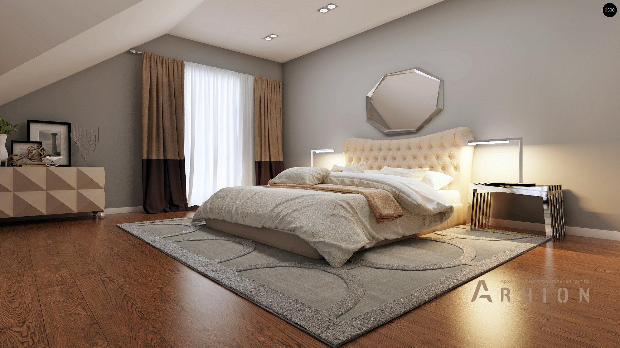 6. Проект одноэтажного дома в современном стиле с двускатной кровлей, Z128, площадью - 157 кв c мансардой, терассой, балконом, эркером