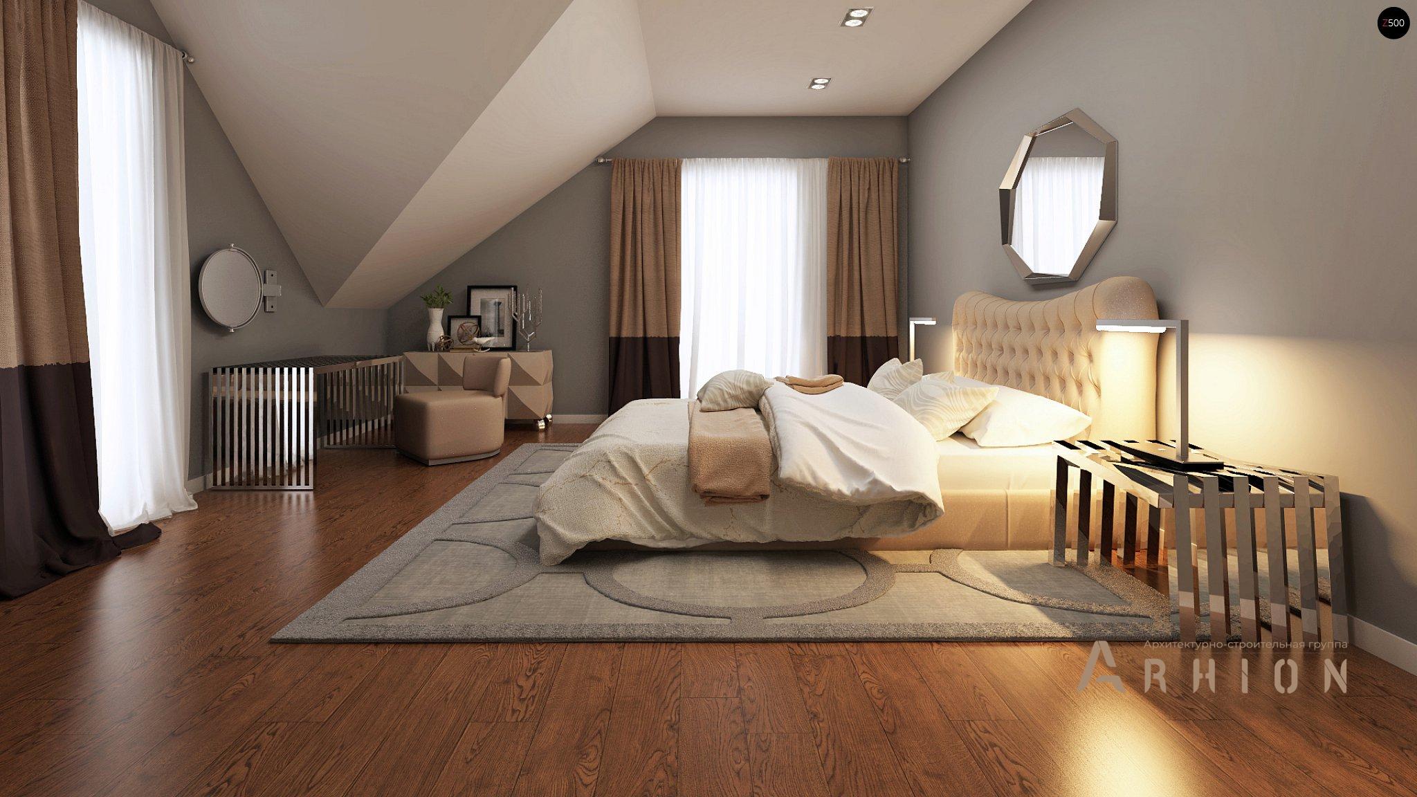 7. Проект одноэтажного дома в современном стиле с двускатной кровлей, Z128, площадью - 157 кв c мансардой, терассой, балконом, эркером