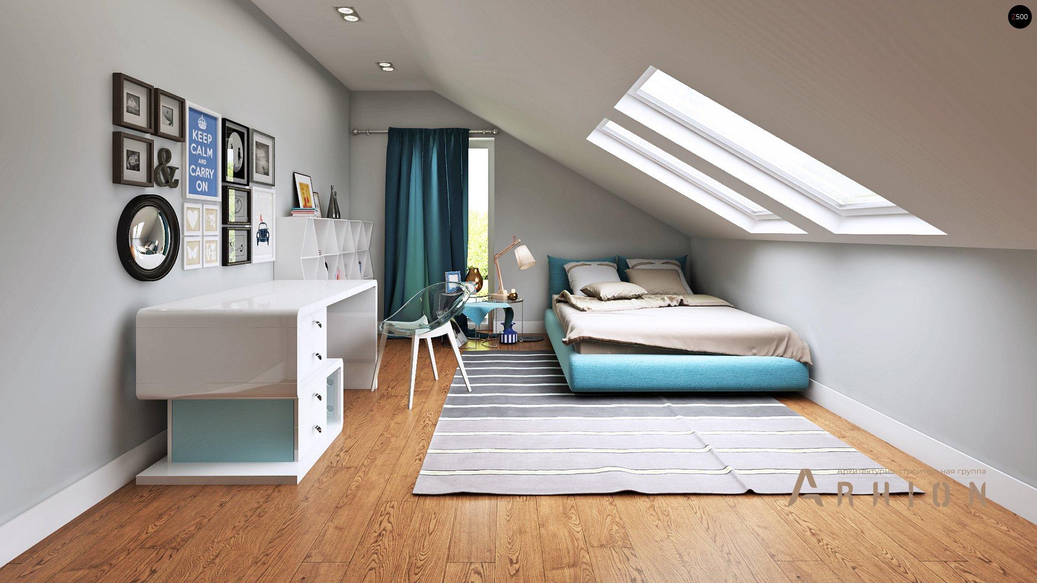 10. Проект одноэтажного дома в современном стиле с двускатной кровлей, Z128, площадью - 157 кв c мансардой, терассой, балконом, эркером