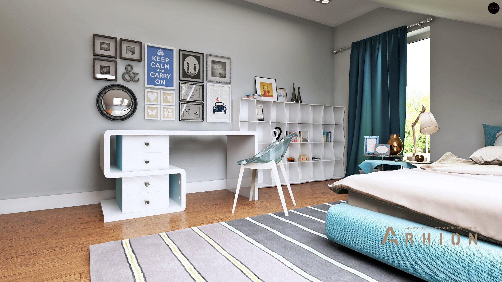 11. Проект одноэтажного дома в современном стиле с двускатной кровлей, Z128, площадью - 157 кв c мансардой, терассой, балконом, эркером