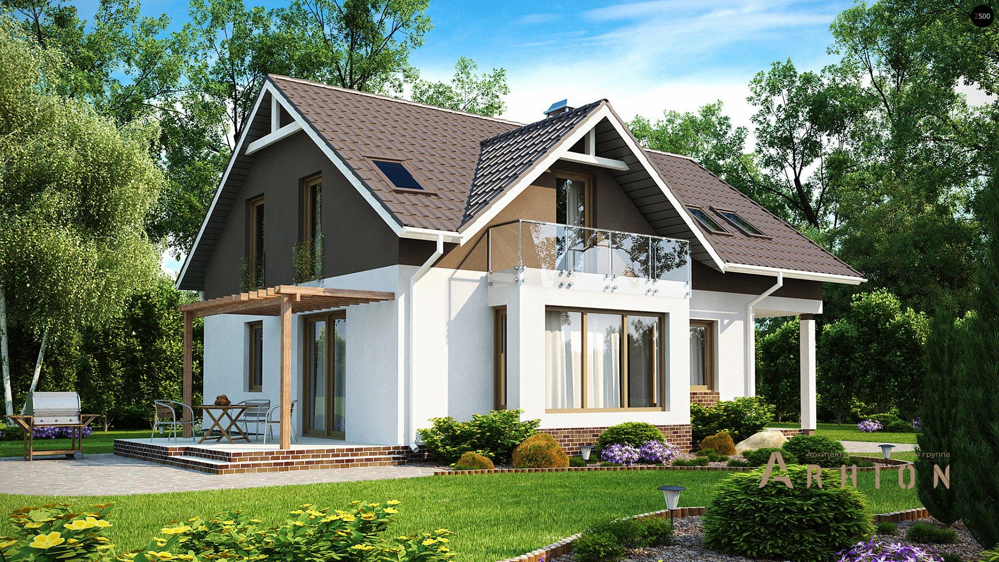 12. Проект одноэтажного дома в современном стиле с двускатной кровлей, Z128, площадью - 157 кв c мансардой, терассой, балконом, эркером