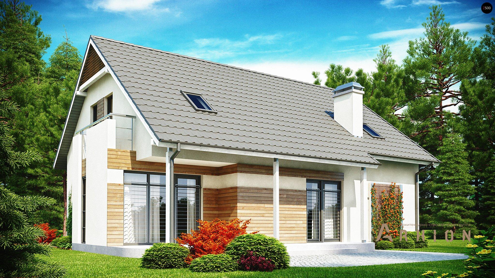 1. Проект одноэтажного дома в европейском стиле с двускатной кровлей, Z129, площадью - 183 кв c мансардой, терассой, балконом, гаражом, эркером