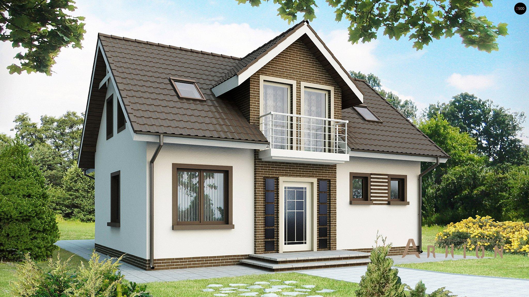 1. Проект одноэтажного дома в европейском стиле с двускатной кровлей, Z13, площадью - 126 кв c мансардой, терассой, балконом