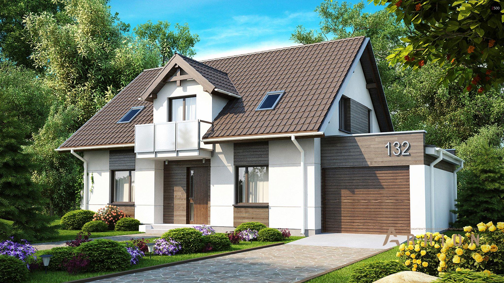 1. Проект одноэтажного дома в альпийском стиле с двускатной кровлей, Z132, площадью - 195 кв c мансардой, терассой, балконом, гаражом