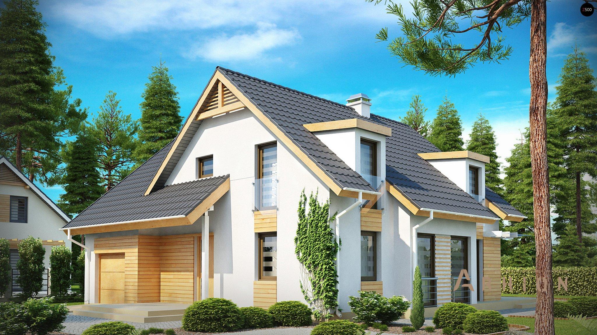 1. Проект одноэтажного дома в канадском стиле с двускатной кровлей, Z135, площадью - 198 кв c мансардой, терассой, гаражом, эркером