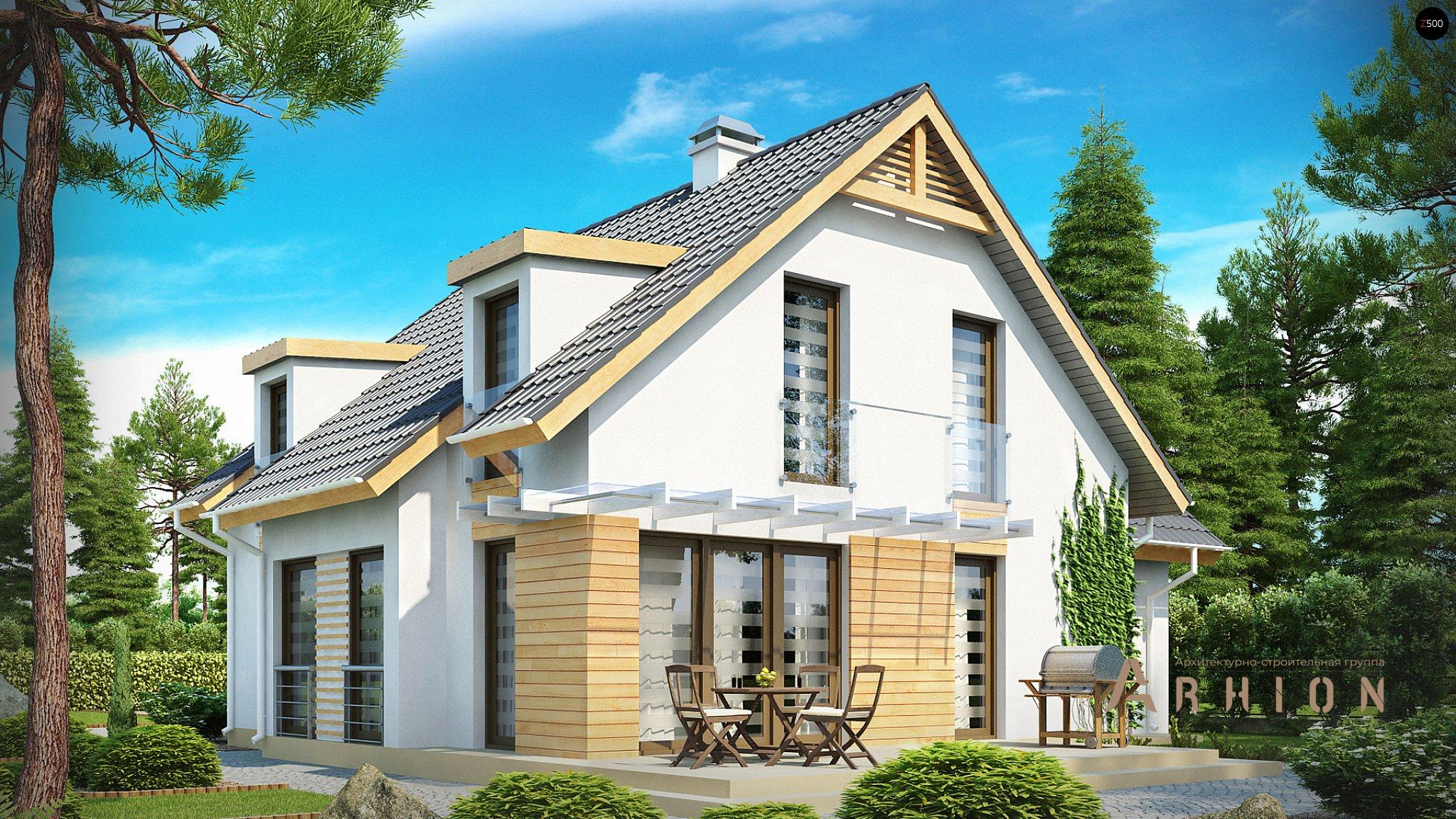 2. Проект одноэтажного дома в канадском стиле с двускатной кровлей, Z135, площадью - 198 кв c мансардой, терассой, гаражом, эркером