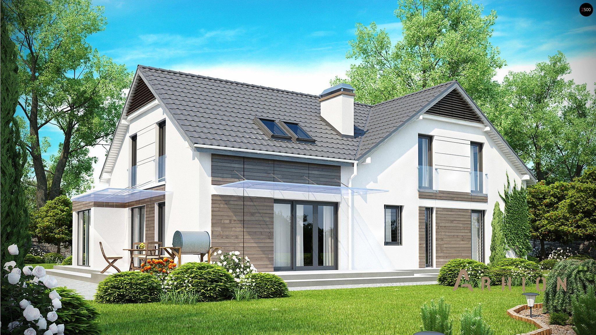 2. Проект одноэтажного дома в современном стиле с двускатной кровлей, Z138, площадью - 282 кв c мансардой, терассой, гаражом, эркером