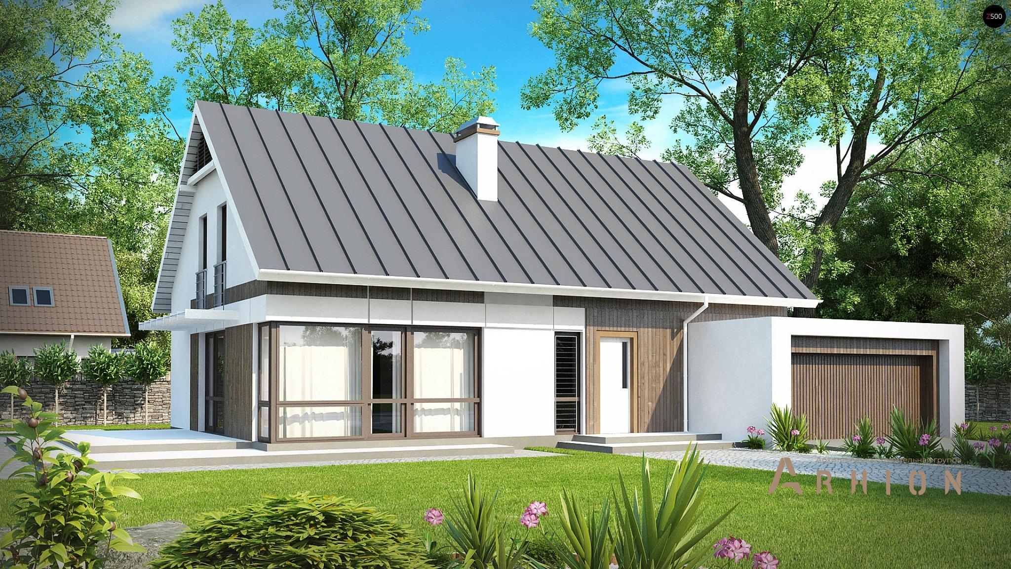 1. Проект одноэтажного дома в современном стиле с двускатной кровлей, Z142, площадью - 247 кв c мансардой, терассой, балконом, гаражом