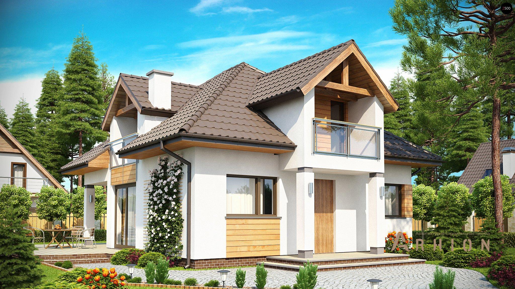 1. Проект одноэтажного дома в европейском стиле с четырехскатной, Z145, площадью - 132 кв c мансардой, терассой, балконом